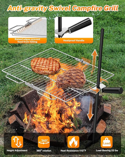 Gonex Portable Campfire Grill Grate for Fire Pit Foldable Stainless Steel Grill Height Adjustable Camping Cooking Equipment for RV Outdoor Backyard BBQ Courtyard 15.35"x18.3"