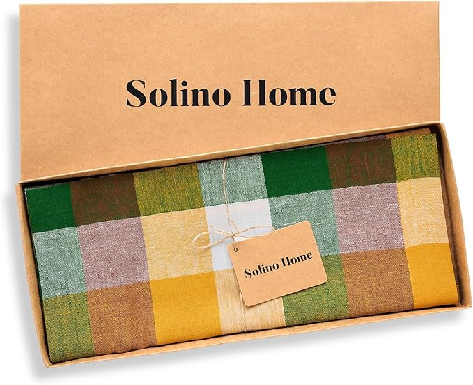 Solino Home Checkered Linen Table Runners 72 Inches Long - 100% Pure Linen Multicolor Fall Buffalo Check Table Runner 14 x 72 Inch Ideal for Dresser, Dining