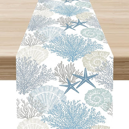 Nautical Table Runner, Summer Coastal Starfish Seashells Coral Tropical Ocean Beach Blue Farmhouse Coffee Table Center Decor for Home Kitchen Dining Patio Indoor Outdoor Table Decorations, 13"x36"