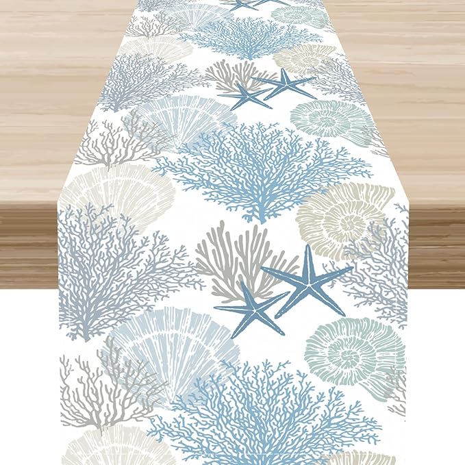 Nautical Table Runner, Summer Coastal Starfish Seashells Coral Tropical Ocean Beach Blue Farmhouse Coffee Table Center Decor for Home Kitchen Dining Patio Indoor Outdoor Table Decorations, 13"x72"