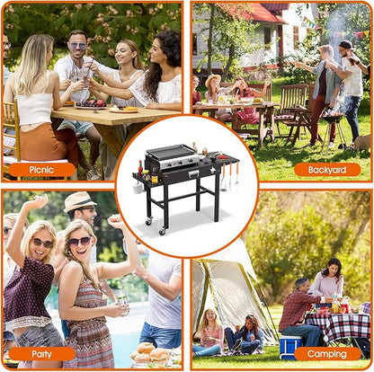 Grill Cart, Portable Grill Table for Blackstone Griddle, Foldable Outdoor BBQ Stand with Side Tray ＆ Hooks, Movable Pizza Oven Table for Outdoor Use, Fit 17"/25"/30" Large Space