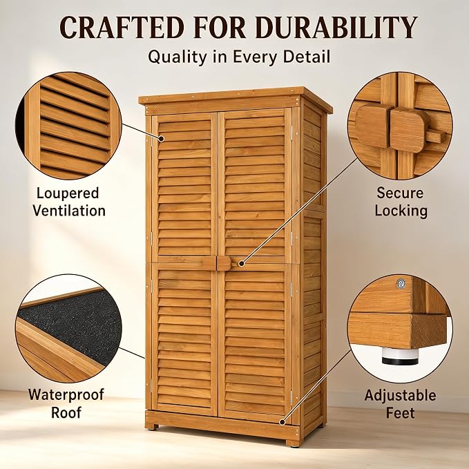 Outvita Outdoor Storage Cabinet, 63in Wooden Garden Tools Shed, Natural | 2 - Image 3