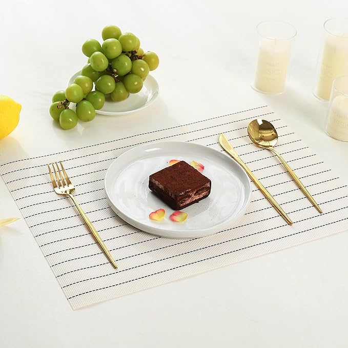 Leetaltree White with Black Stripes Placemats Set of 6 - Heat Resistant Non-Slip Place mats for Dining Table, Washable Durable PVC Vinyl Woven Table Mats（White Stripes, 6）