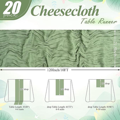 20 Packs Cheesecloth Table Runner 10FT Long Boho Gauze Fabric Table Runner Vintage Rustic Sheer Runners for Wedding Party Bridal Baby Shower Table Decorations (Sage Green)