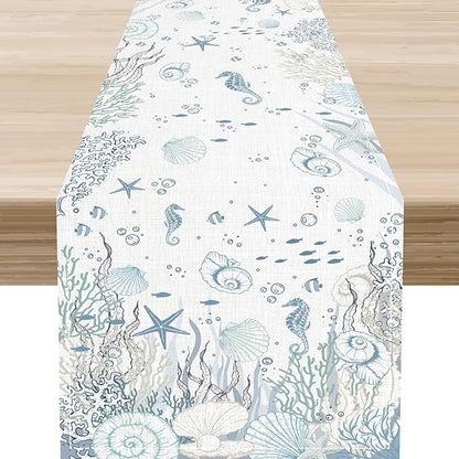Summer Coastal Table Runner, Watercolor Starfish Seahorse Seashells Blue Coral Nautical Tropical Ocean Beach Farmhouse Table Center Decor for Kitchen Dining Patio Party Indoor Outdoor, 13"x72" Inch