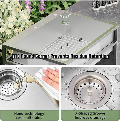 30x22 Inch Stainless Steel Utility Sink-Freestanding Laundry Sink Practicality With Accessories Stainless Functional Faucet,Soap Dispenser, SS Sink Grid For Laundry,Garage,Outdoor Kitchen,Garden...