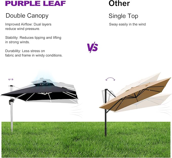 PURPLE LEAF Cantilever Umbrella 11'X11' Double Top Solar LED Light, Stays bright - Image 7