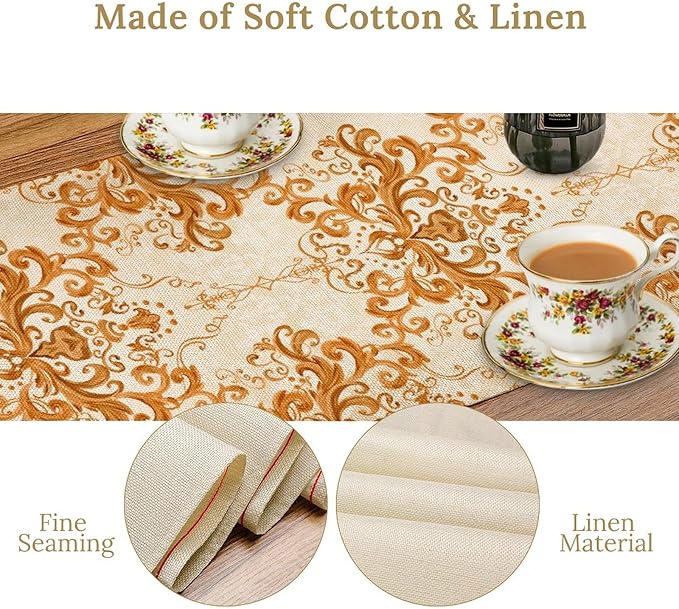 Damask Table Runner, Rustic Gold Gothic Boho Floral Flower Baroque Style Antique Vintage Retro Coffee Table Center Decor for Kitchen and Dining Outdoor Home Country Party Table Decorations, 13"x72"