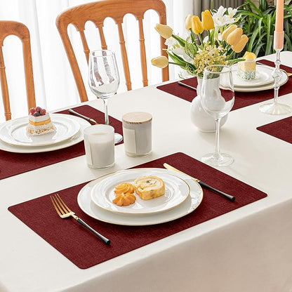 Romanstile Vinyl Placemats Set of 6-12 X 17 Inch - Heat Resistant Place Mats 100% Waterproof Oilproof Wipeable Reversible Faux Leather Table Mats for Kitchen, Dining, Party, Outdoor, Red