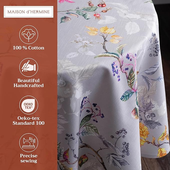 Maison d' Hermine Table Cloth Round Table 100% Cotton 69 Inches Fall Tablecloth Reusable Everyday Use for Thanksgiving Christmas Decorations Dining Farmhouse Party (Equinoxe - Grey)