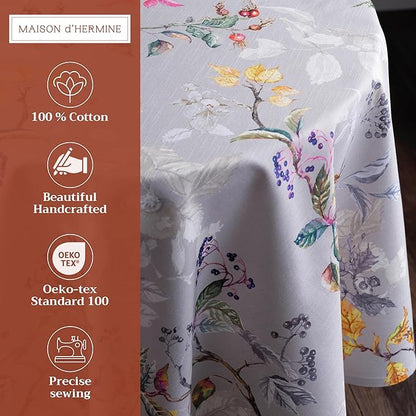 Maison d' Hermine Table Cloth Round Table 100% Cotton 69 Inches Fall Tablecloth Reusable Everyday Use for Thanksgiving Christmas Decorations Dining Farmhouse Party (Equinoxe - Grey)