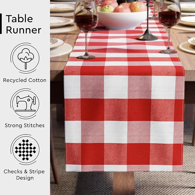 Encasa XO Cotton Dining Table Runner | Buffalo Red Checks | Size 13x104 in - Machine Washable & Durable