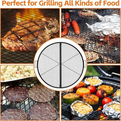 X-Marks Fire Pit Cooking Grill Grate with Support X Wire - Heavy Duty Folding Round Campfire Grill Grid - Portable Camping Cookware for Outside Party Gathering - 36 inch