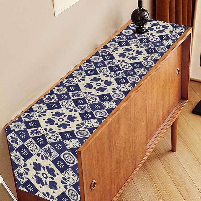 Mexican Table Runner, Blue Floral Birds Mexico Talavera Ceramic Dia De Los Muertos Coffee Table Center Decor for Family Home Kitchen and Dining Farmhouse Indoor Outdoor Table Decorations, 13" X 72"