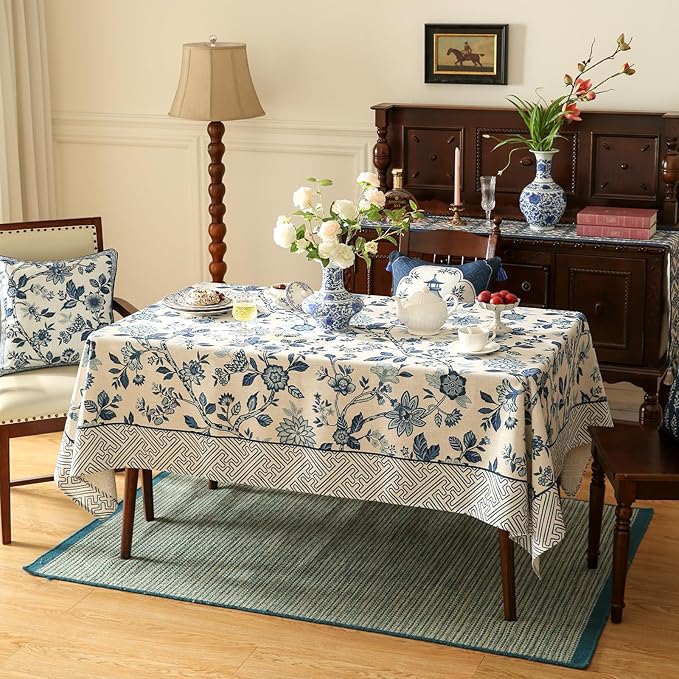 Vintage Blue and White Small Square Tablecloth,French Linen Floral Wrinkle Free Tablecloths,Decorative Table Cover for Kitchen,Dining,Tea Party,Thanksgiving,Christmas,55"*55"-Suqing