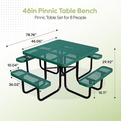 46'' Square Metal Picnic Table for Outdoors, Commercial Steel Metal Picnic Tables, Heavy Duty Sturdy Picnic Tables Furniture Set for Patio Garden Courtyard BBQ, with Umbrella Hole, Green