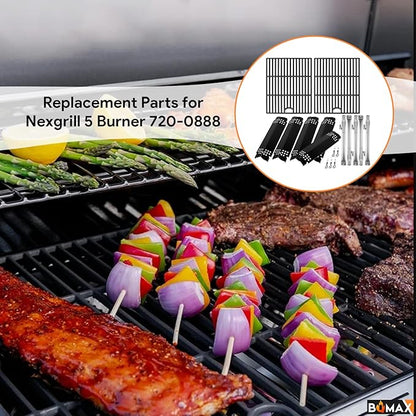 BQMAX Grill Parts for Nexgrill 5 Burner Gas Grill 720-0888 720-0888A 720-0888N, Cooking Grate, Heat Plates Shield and Burner for Nexgrill 5 Burner Replacement Parts for 720-0888 Nexgrill Parts