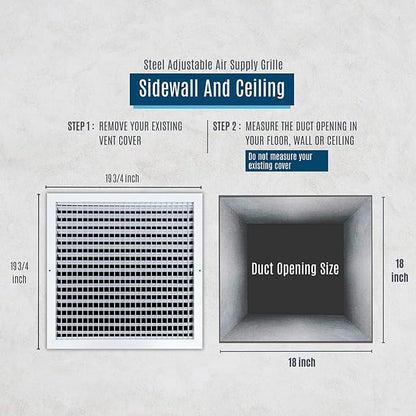 [4 Pack] Fits 18x18 Duct Opening Steel Adjustable Air Supply Grille by Handua | Register Vent Cover Grill for Sidewall and Ceiling | White | Out. Dim.: 19.75" X 19.75"