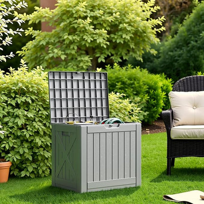 Flamaker Resin Deck Box 40 Gallon Waterproof Outdoor Indoor Storage Box Imitation Wood Resin for Patio Furniture Garden Tools and Pool (Gray)
