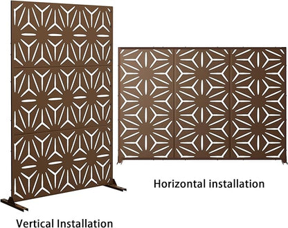 Metal Privacy Screen Outdoor 72" H×47" W,Freestanding Decorative Privacy Screen for Balcony Yard&Garden,Privacy Fence-Brown&Star