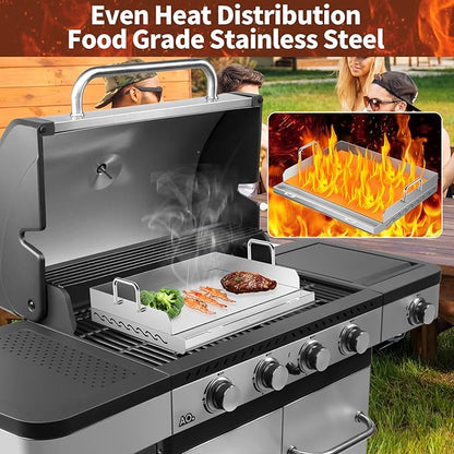 Griddle for Gas Grill- Stainless Steel Griddle, Flat Top Grill with Removable Grease Tray, Stove Top Griddle Pan for Charcoal Grill, Griddle Cooking Plate for Outdoor Grilling (17" x 13" x 2.2")