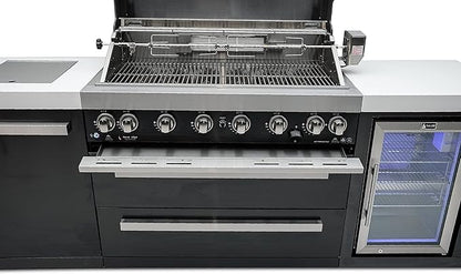 Mont Alpi MAi805-BSSFC 44-inch 6-Burner 115000 BTU Black Stainless Steel Gas Outdoor Kitchen Bar Island Grill w/Wine Cooler Beverage Center Refrigerator + Infrared Side Burner + Granite Countertop