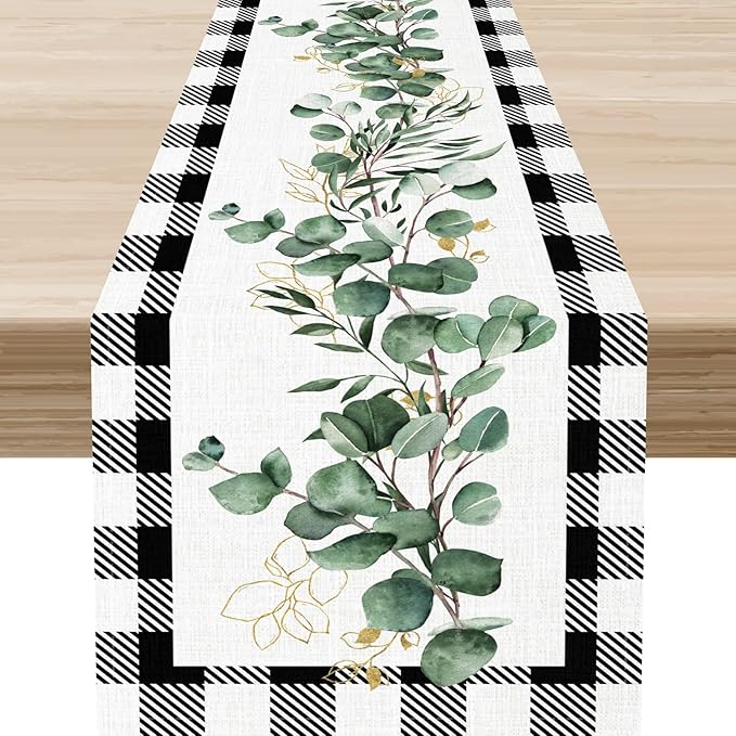 Green Eucalyptus Table Runner, Farmhouse Spring Plants Leaves Checkered Baffalo Plaid Rustic Country Greenery Cafe Coffee Table Center Decor for Home Kitchen Dining Patio Indoor Outdoor, 13"x72" Inch