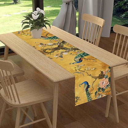 Peacock Table Runner,Golden Vintage Asian Chinese Style Peony Floral Branch Table Center Decor for Family Kitchen and Living Room Outdoor Farmhouse Party Table Decorations, 13"x72"