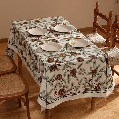 ISAENNE Designer Christmas Beige Linen Long Rectangle Tablecloth,Pinecones Pattern Indoor Table Cloths,Washable Decor Tablecloths for Dining Thanksgiving Kitchen Christmas,63"*94"-Carol B