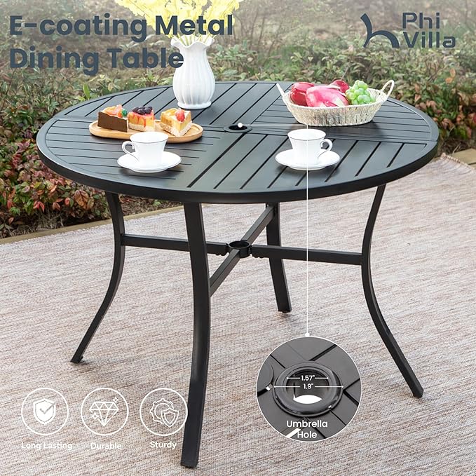 PHI VILLA Outdoor Patio Dining Set for 4, Patio Table and Chairs Set with Adjustable Folding Patio Sling Chairs for Garden, Deck and Yard, Blue
