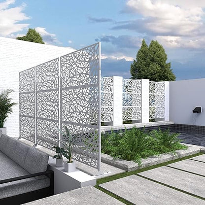 Casaphoria Metal Privacy Screen Outdoor, 72" H x 47" W Freestanding Decorative Privacy Screen for Patio Deck Balcony Garden with Stable Base, White-Net