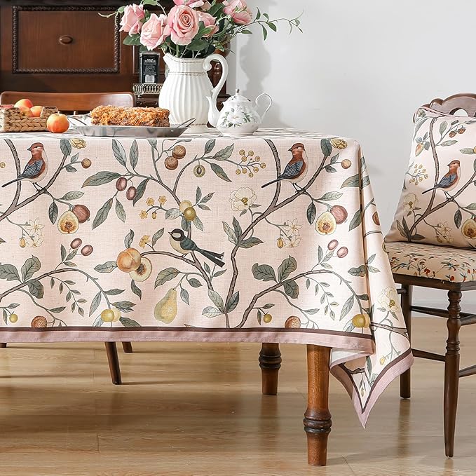 Linen Table Cloth Rectangle,Wrinkle Resistant French Pink Tablecloth Print with Froal,Decor Stitch Table Cloth for Thanksgiving,Dining Room,Home,Kitchen 63" × 102"-Dewey A