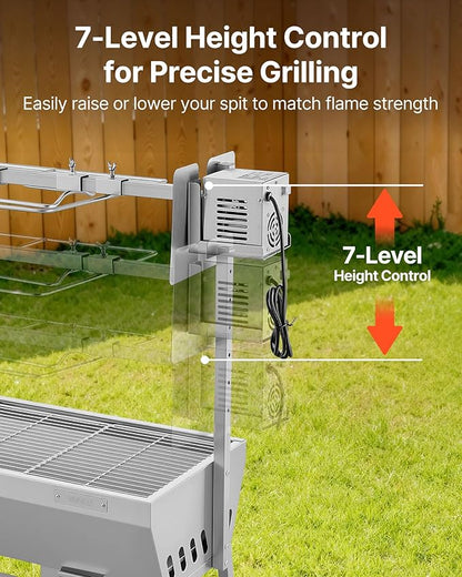 VEVOR Rotisserie Grill, 37in BBQ Outdoor Pig & Lamb Spit Roaster, Charcoal Spit Roaster with 132 LBS Capacity, Wheels, 7-Level Height, Stainless Steel Electric Rotisserie Grill Kit for Camping Outdoor