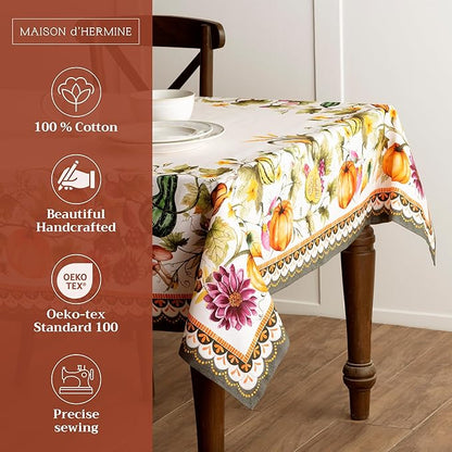 Maison d' Hermine Table Cloth Rectangle Table 100% Cotton 54 x 72 Inches Fall Tablecloth Reusable Everyday Use for Thanksgiving Christmas Decorations Dining Farmhouse (Pumpkin Garden - Cloudy Cream)