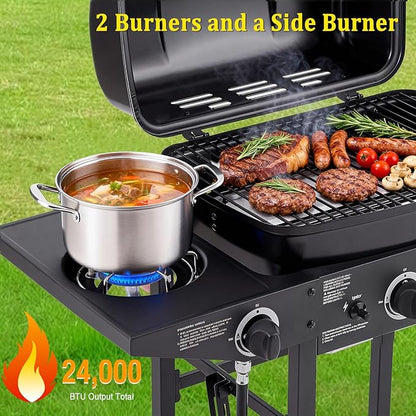 Unovivy 2-Burner Portable Propane Gas Grill with Side Burner, BBQ Grill with Built-in Thermometer, 24,000 BTU Small Camping Barbecue Grills with Oil Tray for Outdoor Cooking, Patio, Garden