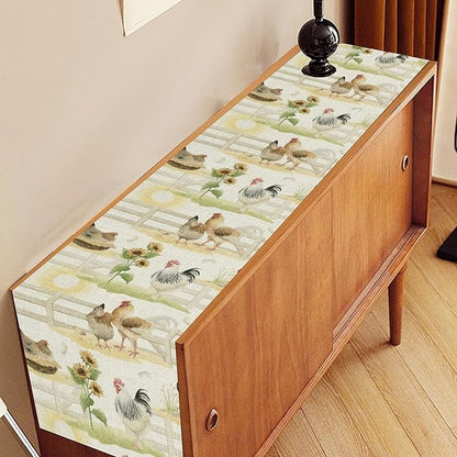 Farmhouse Rooster Table Runner, Sunflower Rooster Retro Farmhouse Sun Country Wooden Fence Chicken Coffee Table Center Decor for Home Kitchen Dining Patio Holiday Party Table Decorations 13"x108"