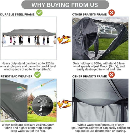 COBIZI 10x30 Pop up Canopy Tent 10x30 Canopy with 8 Sidewalls Waterproof Heavy Duty Commercial Canopy Tent for Parties Outdoor Garden Gazebo, Carry Bag with Wheel(10x30ft, Gray)