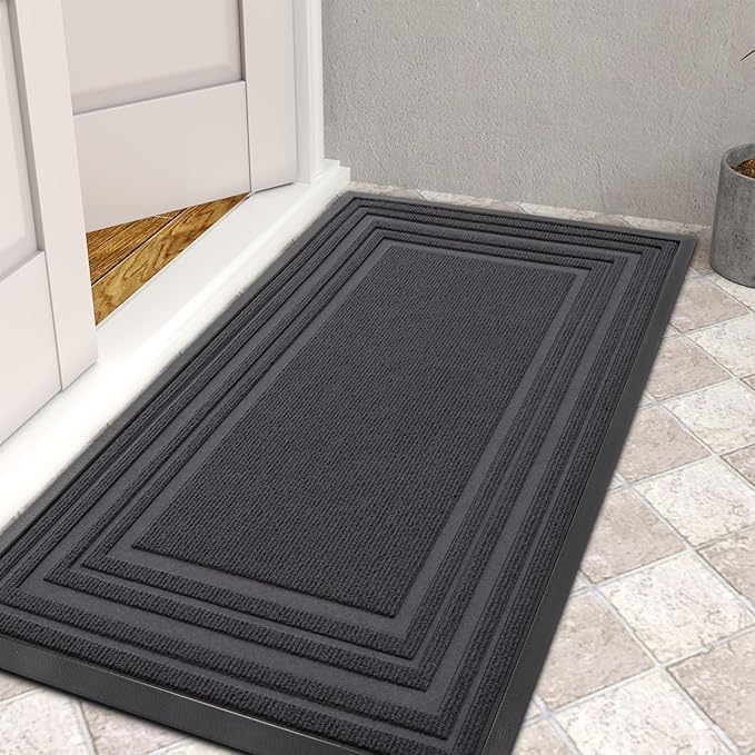 Buganda Front Door Mat Indoor Outdoor Entrance, Non-Slip Natural Rubber Doormats, Easy Clean, Low Profile, Dirt Trapper Entryway Floor Mats for Outside, Garages and Patios, 29.5x17, Light Grey