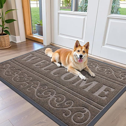 OLANLY Welcome Door Mat Indoor Outdoor Entrance, Heavy Duty Sturdy Front Door Mat, Waterproof All-Weather Doormat, Stain Resistant, Low Profile, Easy Clean Patio Entryway Mat, 47 x 32, Medium Brown