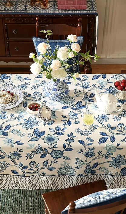 Vintage Blue and White Rectangle Tablecloth,French Linen Floral Wrinkle Free Tablecloths,Decorative Table Cover for Kitchen,Dining,Party,Thanksgiving,Christmas,55"*87"-Suqing