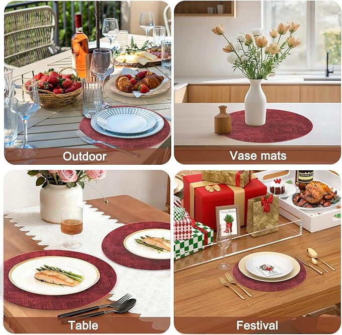 Round Faux Leather Placemats and Coasters, Set of 4, Reversible Heat Resistant Non-Slip Table Mats, Waterproof Wipeable Place Mats for Dining Table, Washable for Indoor & Outdoor (4, Red)