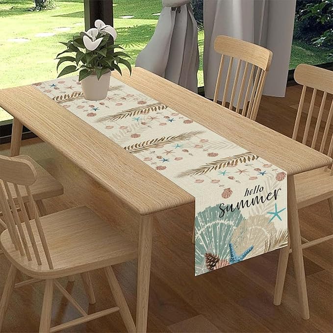 Nautical Coastal Table Runner, Rustic Starfish Seashells Tropical Leave Ocean Beach Hello Summer Farmhouse Coffee Table Center Decor for Home Kitchen Dining Patio Outdoor Table Decorations, 13"x72"