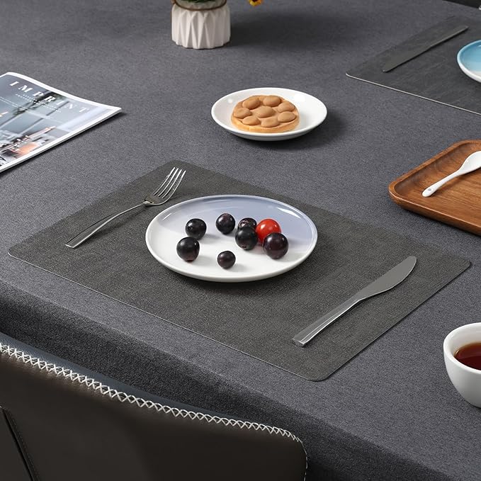Myir JUN Placemats Dual Sided, Faux Leather Place Mats Set of 8 Indoor Placemat for Dining Table Non-Slip Washable Place Mat Heat Resistant Outdoor Table Mats (Set of 8, Gray Beige)
