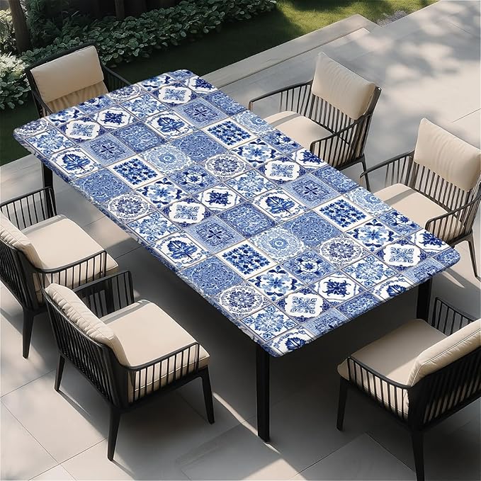 Rectangle Table Cloth Cover Waterproof Elastic Fitted Polyester Fitted Tablecloths for 8 Foot Tables for Indoor,Picnic, Camping, Outdoor （96" x 30"，Bohemia）