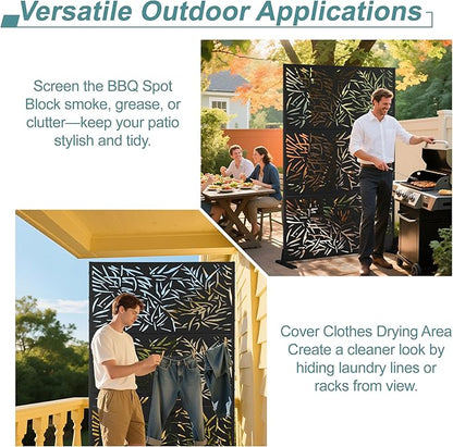 Metal Privacy Screen Outdoor Freestanding Privacy Wall Panels and Decorative Patio Dividers, Crafted from Steel with Sun-Proof Design, Ideal for Patio, Deck, Garden,72" H×47" L（Black&Bamboo）