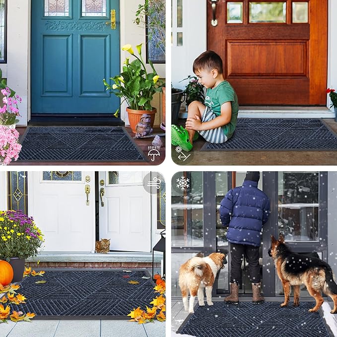 Smiry Front Door Mat Outside Entrance, Heavy Duty Sturdy Natural Rubber Doormat, Trap Dirt and Moisture, Easy Clean Low Profile Mats for Indoor Outdoor Entry, Irregular Triangle (59x35, Navy Blue)