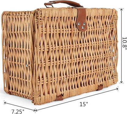 ZORMY Wicker Picnic Basket for 2 Person, Willow Hamper Basket Sets with Insulated Compartment, Handmade 2 Person Picnic Basket Classical Red Check with Utensils Cutlery Perfect for Picnic, Camping