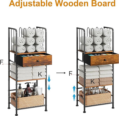 Towel Rack Free Standing 3-Tier with Drawer and M-Shaped Detachable Dividers,Towel Holder with Adjustable Shelf, Towel Organizer Space Saving for Bathroom and Poolside Patent Pending