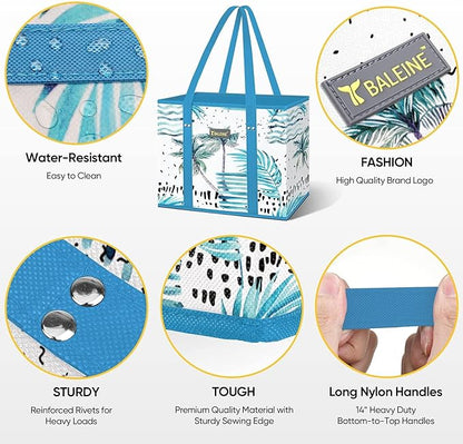 BALEINE 3Pk Reusable Grocery Bags, Foldable Shopping Bags for Groceries with Reinforced Bottom & Handles (Island Breeze)