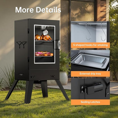 TABU 30-inch Electric Vertical BBQ Smoker with Thermometer & Leg Kit, Large Meat Smoker with Water& Wood Trays for Outdoor Backyard, Black